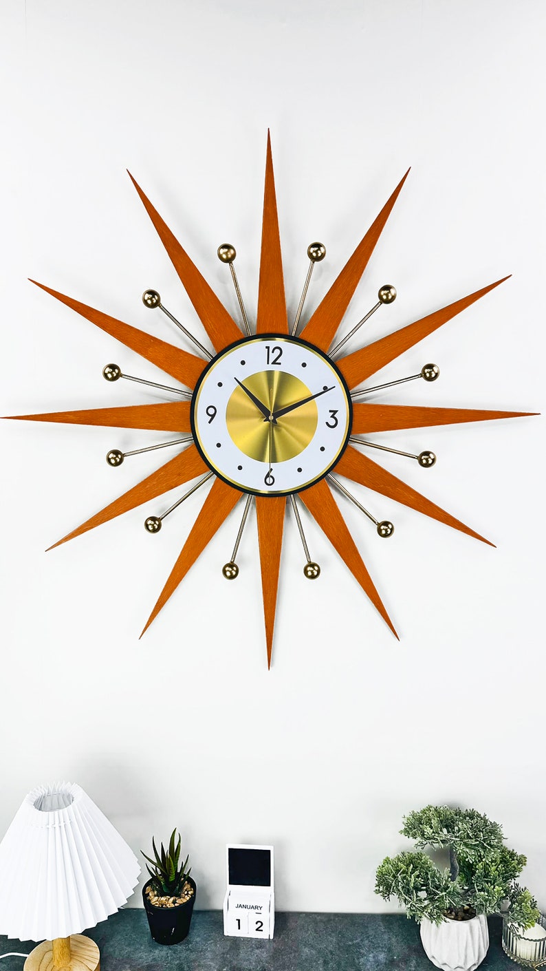 30 26 Burnt orange Atomic wall clock Starburst Clock George Nelson style 1970s Brass Gold Large clock vintage modern Industrial clock image 7