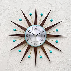 30" 27" Turquoise Atomic wall clock Silver Starburst Clock George Nelson style Handmade 1970s sunburst Large clock vintage Industrial clock