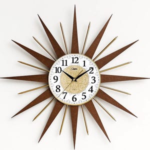 Mid Century Modern Starburst Clock: 21&quot; Retro Sunburst with Wood Finish