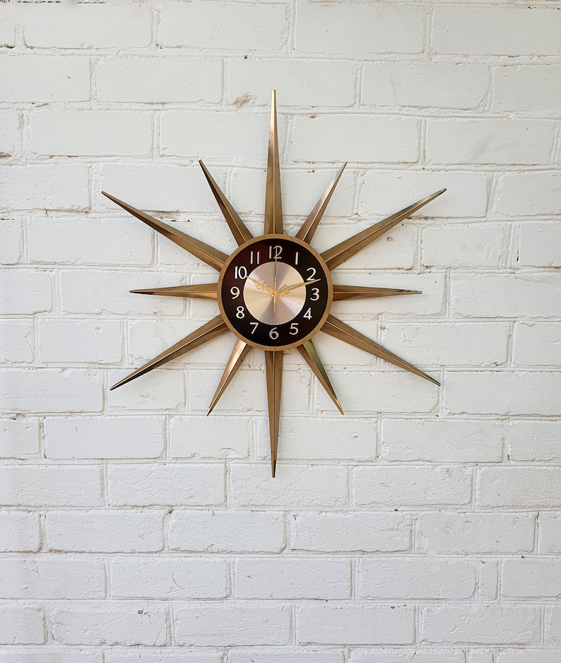 30 Gold Atomic clock Starburst unique wall clock George Nelson style Handmade 1970s sunburst vintage modern Nursery Brass Industrial clock image 8