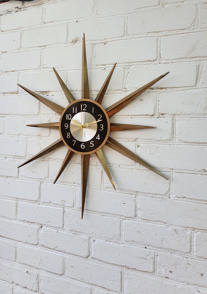 30 Gold Atomic clock Starburst unique wall clock George Nelson style Handmade 1970s sunburst vintage modern Nursery Brass Industrial clock image 3