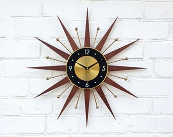 25" Starburst wall clock Atomic clock Gold George Nelson style Handmade 1970s  sunburst vintage modern Nursery Brass  Industrial clock