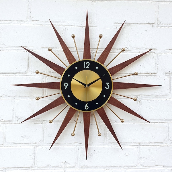 25" Starburst wall clock Atomic clock Gold George Nelson style Handmade 1970s  sunburst vintage modern Nursery Brass  Industrial clock