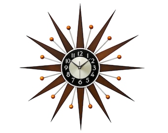 1950〜1960 UNITED Sunburst Clock 50s 60s Teak Mid Century Starburst Wall Clock – Handmade Atomic Sunburst