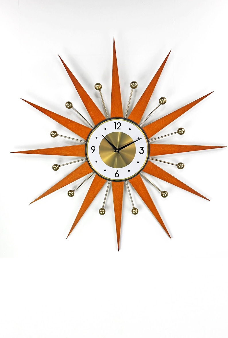 30 26 Burnt orange Atomic wall clock Starburst Clock George Nelson style 1970s Brass Gold Large clock vintage modern Industrial clock image 1