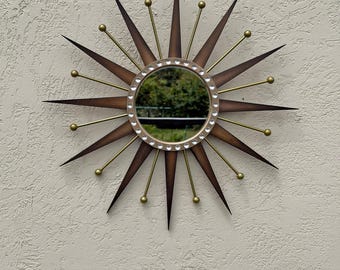 Wall Mirror Mid Century Starburst , Walnut, Brass & Crystal Accents