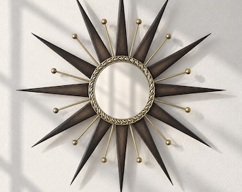Ornate Wall Mirror, Mid Century Modern , Dark Wood and Gold Tone, 25 Inch