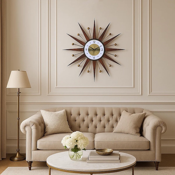 Starburst Wall Clock: Atomic Brass & Wood, 1970s Style (30"/27"/25")