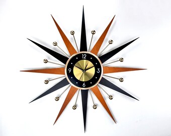 30" 26" Atomaire wandklok Zwart en verbrand oranje Starburst Klok George Nelson stijl Handgemaakte jaren 1970 zonnestraal oranje Messing Goud Grote klok