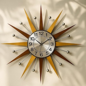 Mid Century Modern Starburst Wall Clock | Atomic Style, Walnut & Silver