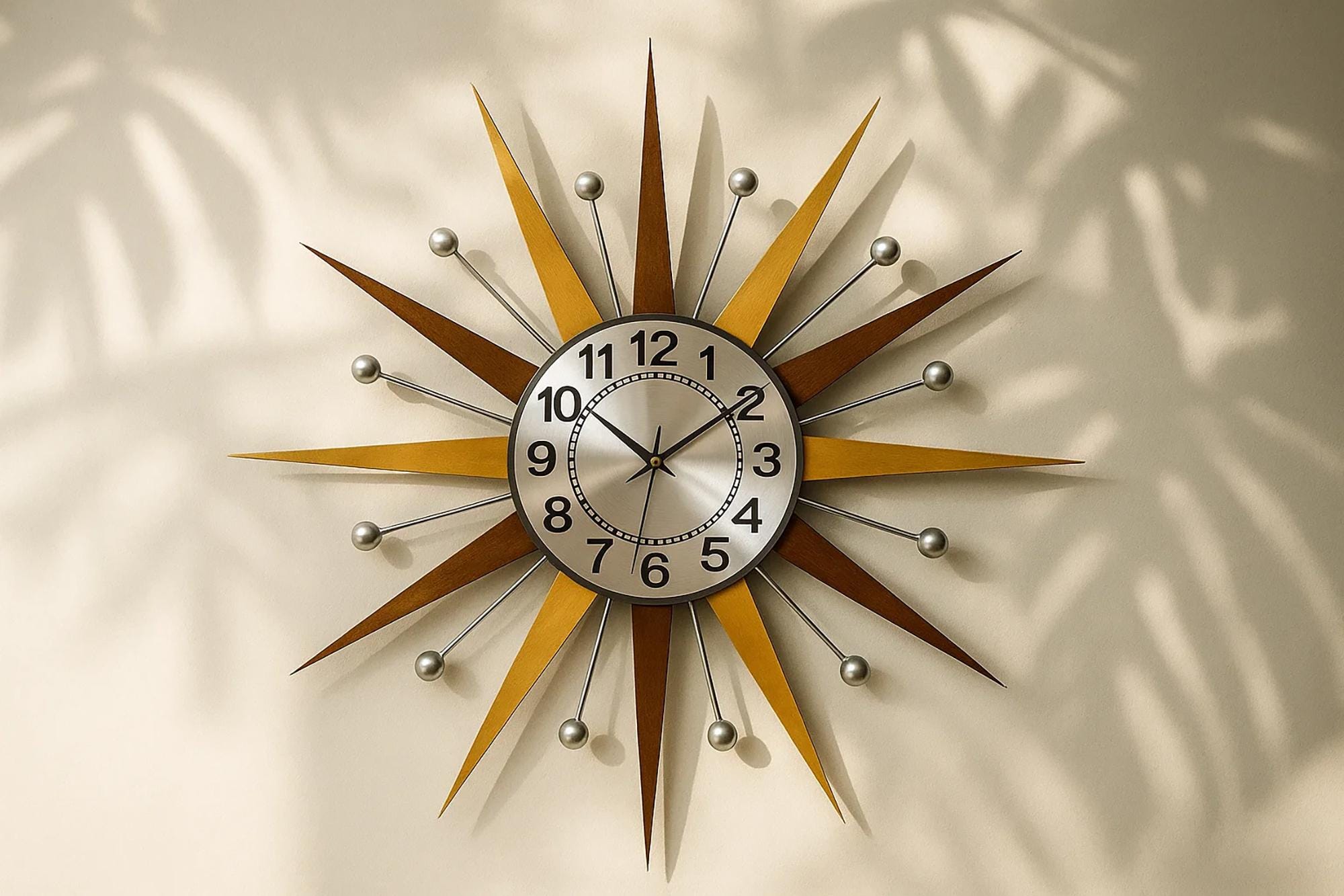 Mid Century Modern Starburst Wall Clock | Atomic Style, Walnut