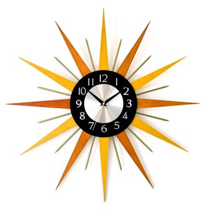 Handmade Mid Century Modern Starburst Wall Clock: Orange Yellow & Black