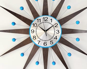 Mid-Century Modern Starburst Wall Clock, Atomic Style Sunburst Clock, Retro Home Decor, Large Statement Wall Clock