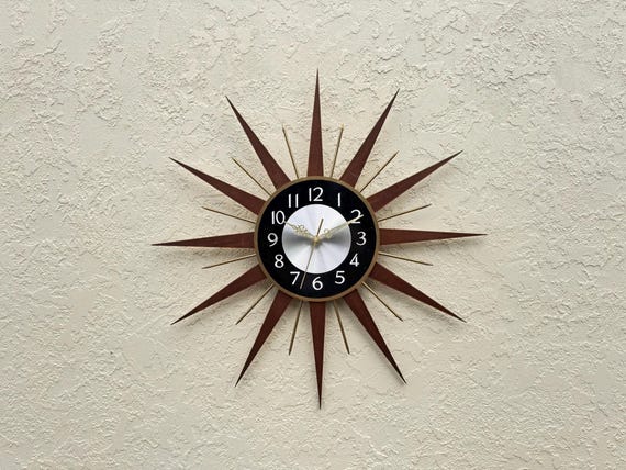 Mid Century Modern Starburst Wall Clock: Walnut Wood & Gold
