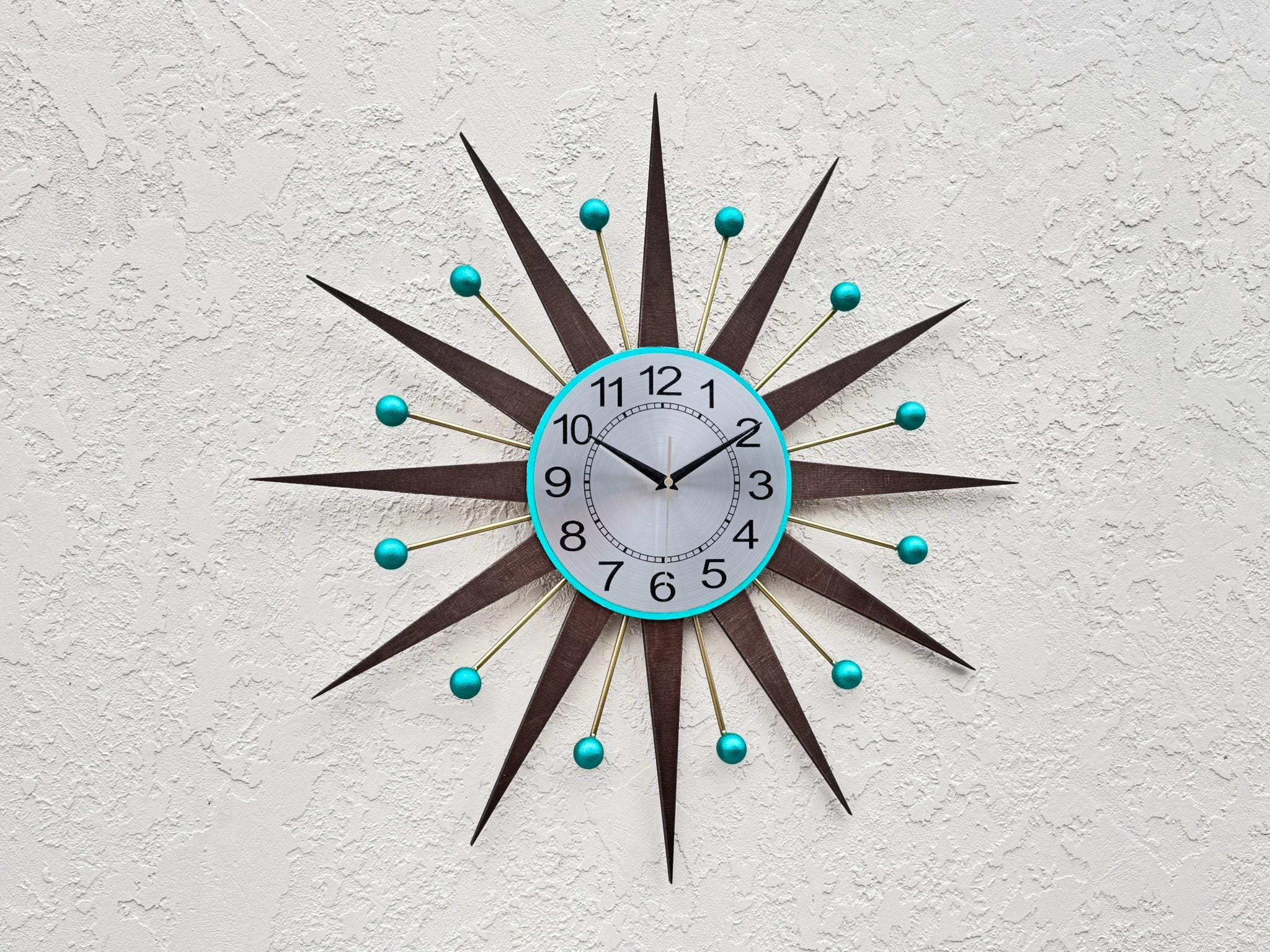 Mid Century Modern Starburst Clock: Teal & Walnut Atomic Wall