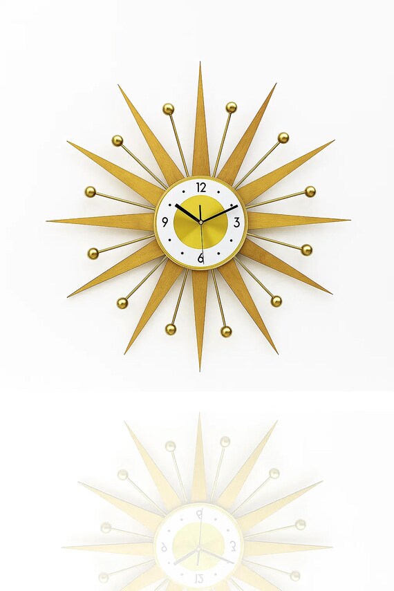 サンバースト　掛け時計　ビンテージ　ミッドセンチュリー　ゴールド ゴールドサンバースト壁掛け時計 ミッドセンチュリーモダン、レトロな