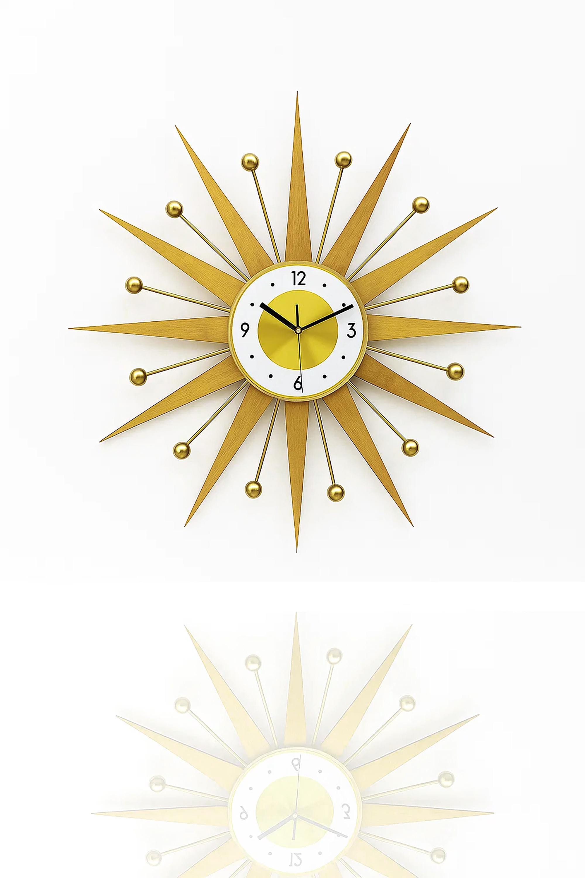 ゴールドサンバースト壁掛け時計 ミッドセンチュリーモダン、レトロな