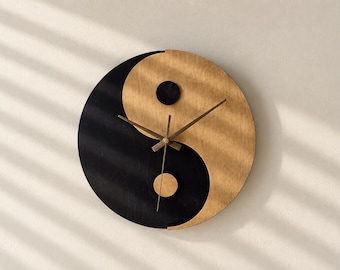 Yin Yang Wall Clock, Black and Natural Wood, Modern Minimalist Wall Decor