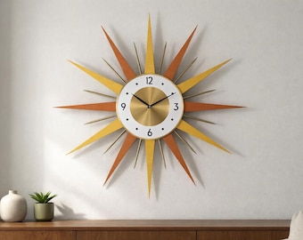Mid Century Modern Inspired Sunburst Clock, Atomic Starburst, George Nelson Style, Retro Wall Decor