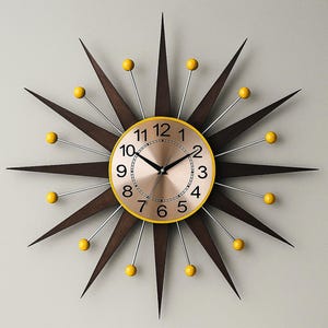 Mid Century Modern Starburst Wall Clock, Steel & Wood