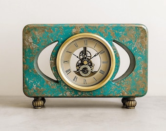 Mid Century Modern Desk Clock, Turquoise Gold Solid Oak, Personalized
