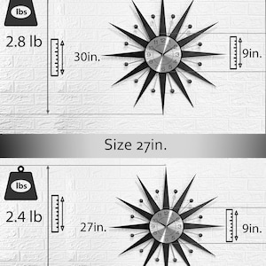 May include: Two black and silver starburst wall clocks with a white background. The larger clock is 30 inches in diameter and weighs 2.8 pounds. The smaller clock is 27 inches in diameter and weighs 2.4 pounds.