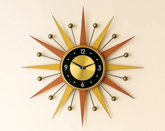 Burnt Orange Sunburst Wall Clock: Handmade Mid Century Modern Decor