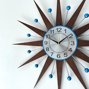 Blue Walnut Wall Decor Mid Century Modern Starburst Wall Clock Retro  Retro Inspired Oversized Sunburst Wall Clock Vibrant Blue Accents