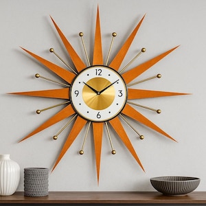 Mid Century Modern Sunburst Wall Clock: Atomic Starburst Design with Gold Accents