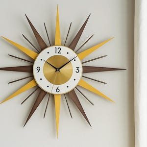 Mid Century Modern Sunburst Wall Clock: Yellow & Walnut Atomic Decor