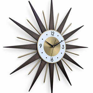 Mid Century Modern Starburst Wall Clock, Dark Brown Wood and Gold Accents