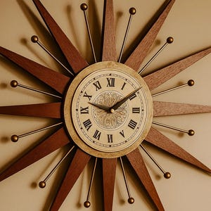 Mid-Century Modern Roman Numeral Starburst Wall Clock – Vintage Style Sunburst Clock, Retro Wall Decor 25” and 22”