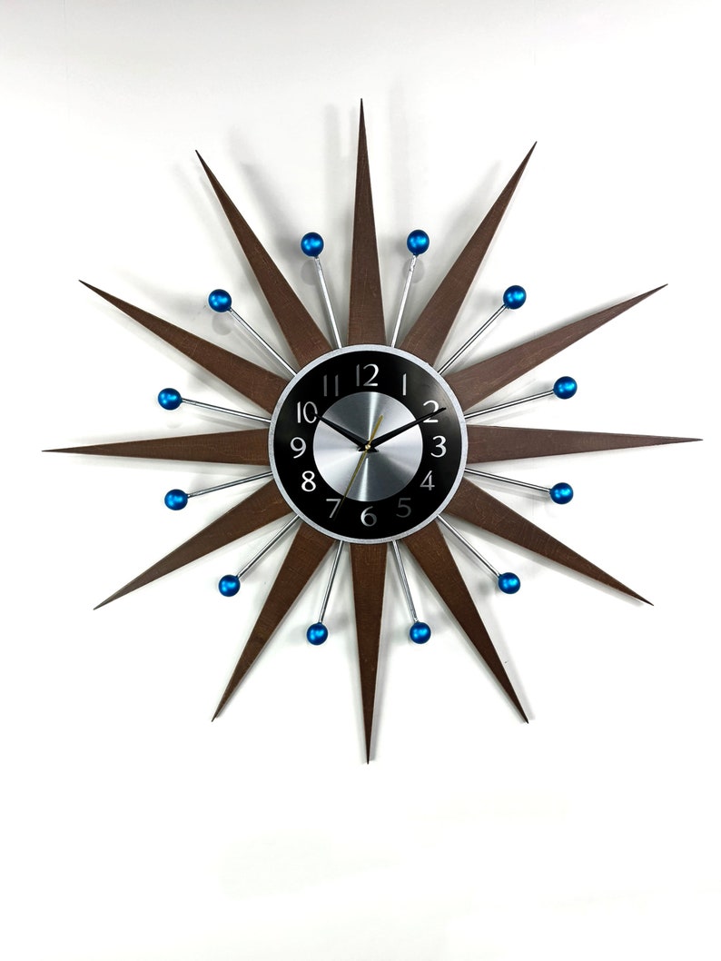 3027 Blue accents George nelson sunburst clock Unique Wall Clock in 1970s style Starburst clock mid century Large wall clock image 4