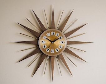Handmade Mid Century Starburst Clock: Walnut Teak Rays, Goldtone
