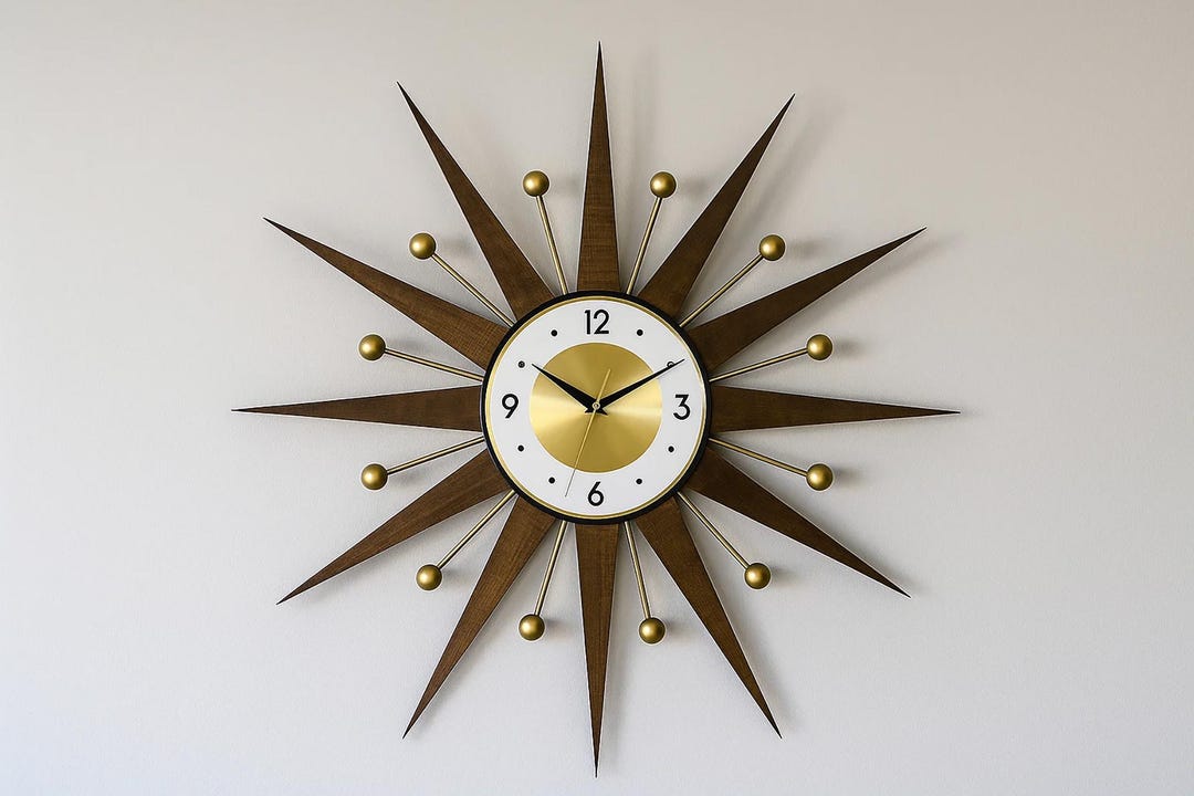 サンバースト　掛け時計　ビンテージ　ミッドセンチュリー　ゴールド 1950's WELBY製 ビンテージ サンバースト ウォールクロック 黒