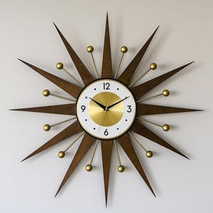 Wanduhr, Starburst: Gold Atomic Style, Mid-Century Modern, 65cm 27cm 30cm