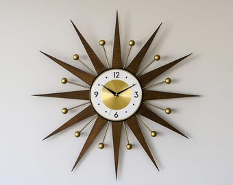 ゴールドサンバースト壁掛け時計 ミッドセンチュリーモダン、レトロな