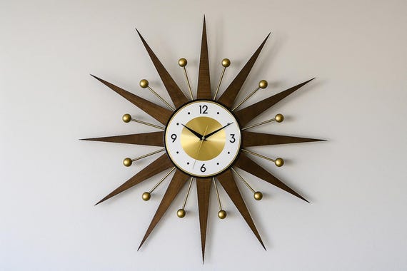 ゴールドスターバースト壁掛け時計：ミッドセンチュリーモダン