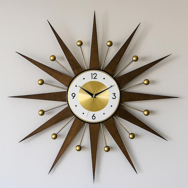 Gold Starburst Wall Clock: Mid-Century Modern Atomic Style (25"-30")
