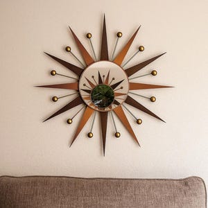 Mid-Century Modern Starburst Mirror: Walnut & Orange Atomic Wall Decor