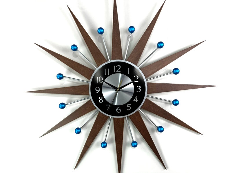 3027 Blue accents George nelson sunburst clock Unique Wall Clock in 1970s style Starburst clock mid century Large wall clock image 6