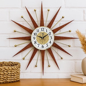 Mid Century Modern Sunburst Wall Clock 22&quot; – Retro Atomic Starburst Design with Gold Accents, Walnut Rays, Vintage Style MCM Home Decor