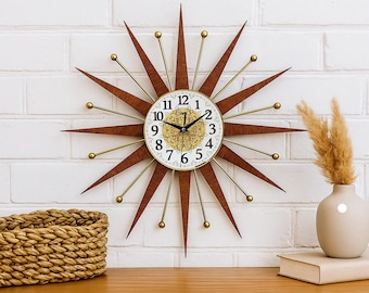 Handmade Mid Century Starburst Clock: Walnut Teak Rays, Goldtone