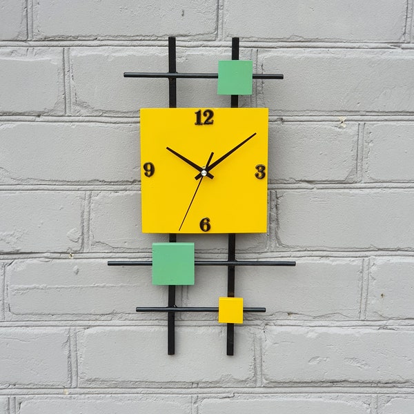 Yellow Blue Green wall clock Large wall clock Geometric Industrial wall clock Two tone сolorful сlock 3D Wooden wall clock Farmhouse clock