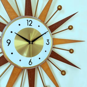 Handmade Mid Century Modern Starburst Clock: Walnut & Orange Atomic Wall Art