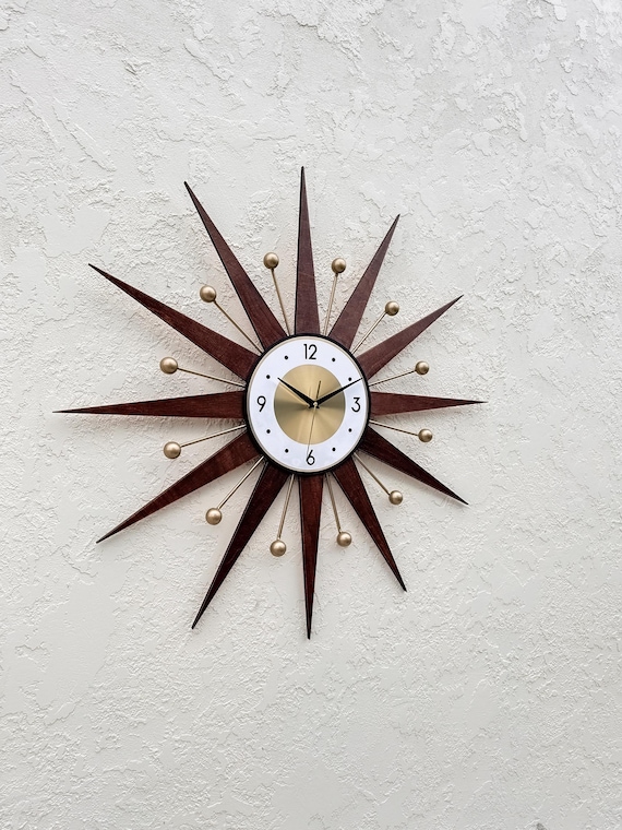 Starburst Wall Clock: Atomic Brass & Wood, 1970s Style (30