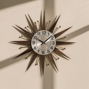Mid Century Modern Sunburst Wall Clock, Atomic Style, Brass Accents