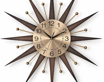 Mid Century Sunburst Clock, Walnut Wood Rays, Brushed Bronze Dial, Retro Atomic Decor