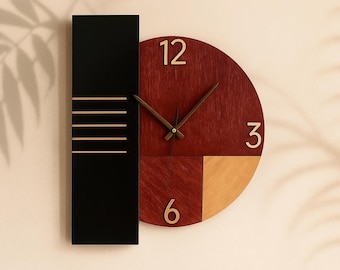 Orologio da parete in legno moderno di metà secolo, decorazione artistica geometrica