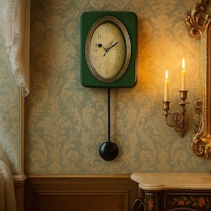 May include: A green rectangular wall clock with an oval clock face. The clock face has black hands and Roman numerals. A black pendulum hangs below the clock. The clock is mounted on patterned wallpaper.